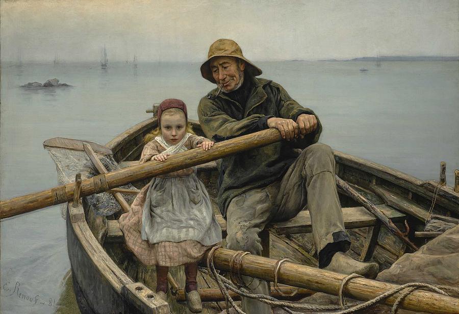Una imagen que pone a una niña, a la izquierda, y un marinero a la derecha. Están encima de una barca, con la vela caída, y reman, sobre un mar tranquilo.