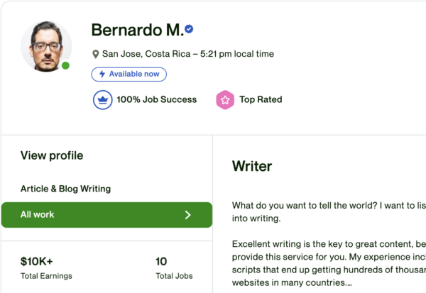 My profile at Upwork. It finally shows my $10,000 in income 