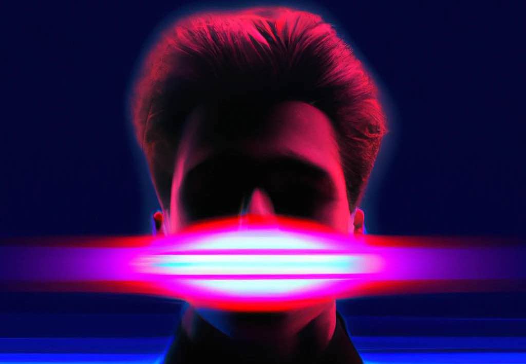 An image for: I need a writing voice. It shows a synthwave image of a man with spiky hair and a a beam of light shooting out of its mouth