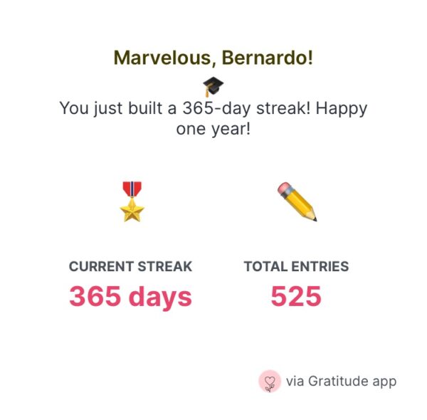 Why gratitude is important: the image shows my personal milestone of 365 days of gratitude 