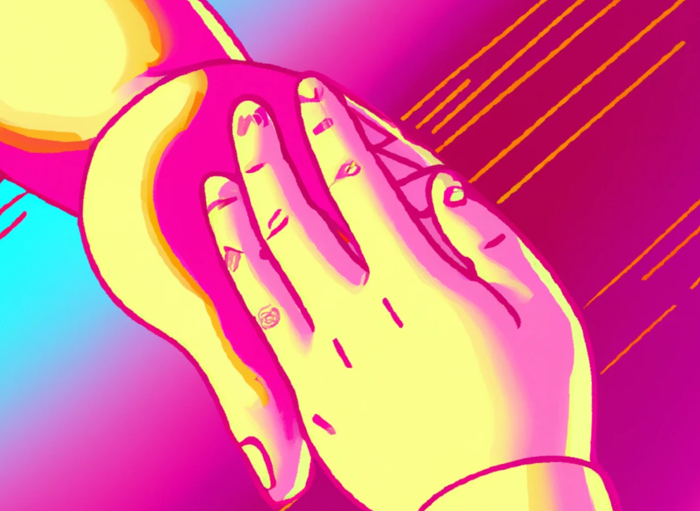 Image for forgiving yourself: a hand rests on top of another. Colors are yellow and pink